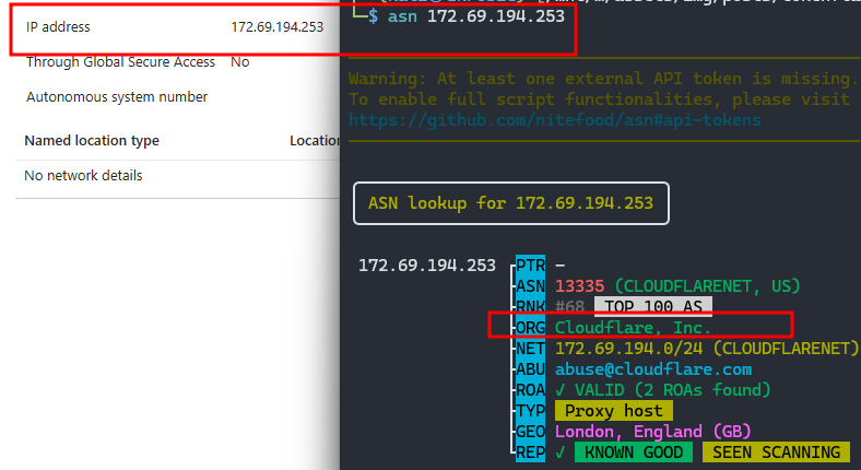 Screenshot of Entra sign-in log showing Cloudflare ASN