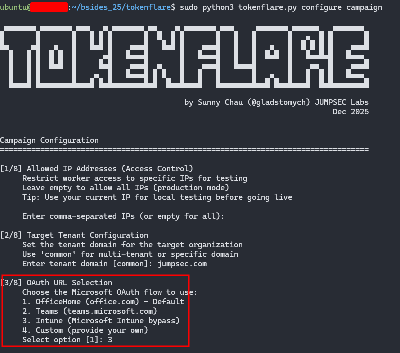 Screenshot of tokenflare configure campaign wizard output