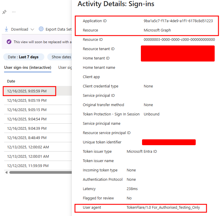 Screenshot of Entra sign-in log showing TokenFlare User-Agent